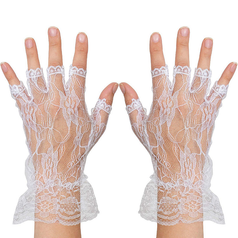 Fingerless Lace White Gloves - Ladies and Girls Ruffled Lace Finger Free Bridal Wrist Gloves Image