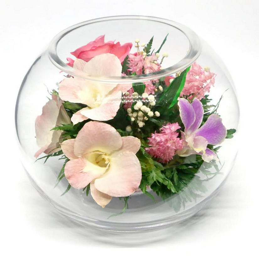 Fiora Flower Long Lasting Pink Roses and Orchids with Greenery in a Round Glass Vase Image