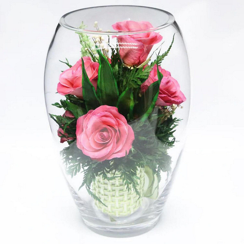 Fiora Flower Long Lasting Pink Roses in a Elliptical Round Glass Vase Image