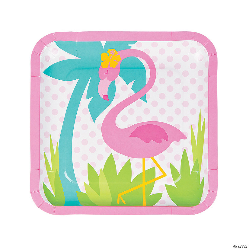 Flamingo Tropical Party Square Paper Dinner Plates - 8 Ct. Image