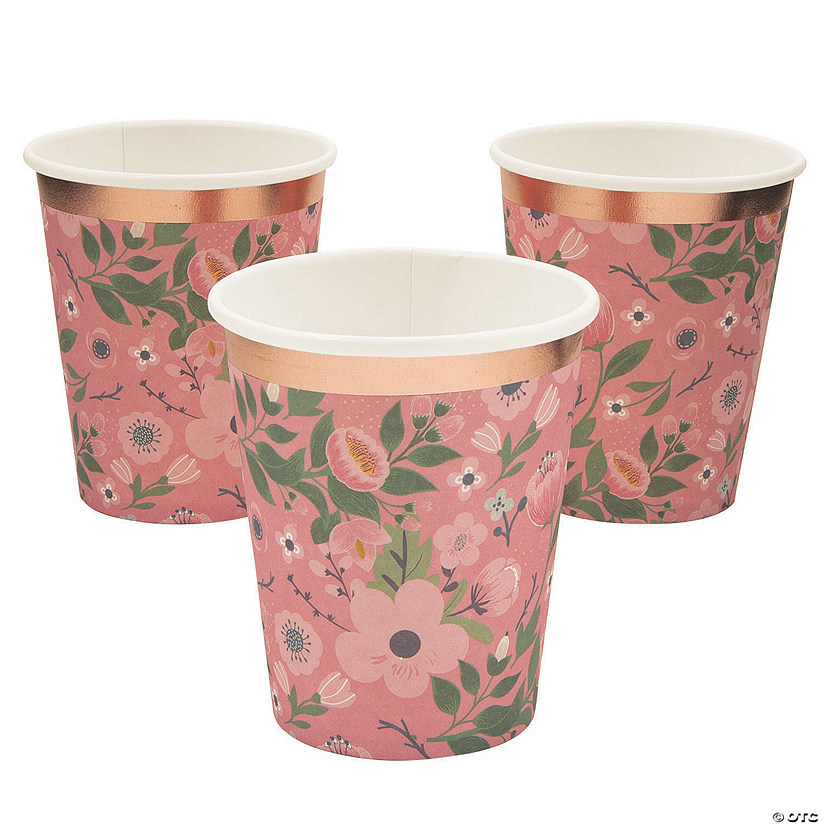 Floral Bridal Shower Rose Gold Foil Rimmed Paper Cups - 10 Ct. Image