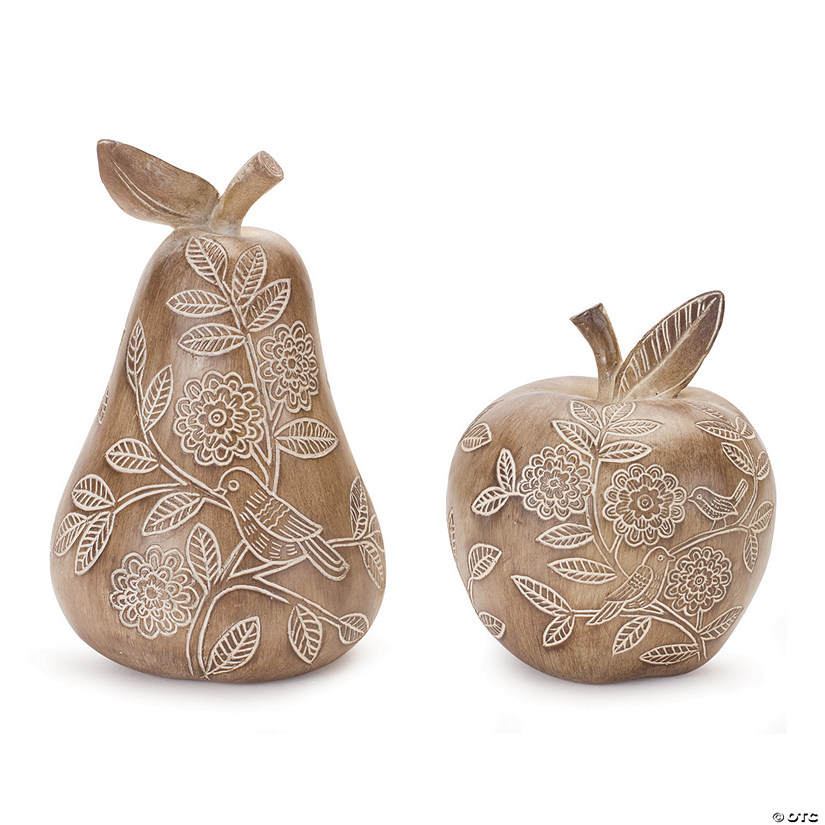 Floral Etched Pear And Apple Decor (Set Of 2) 5.5"H, 7.75"H Resin Image