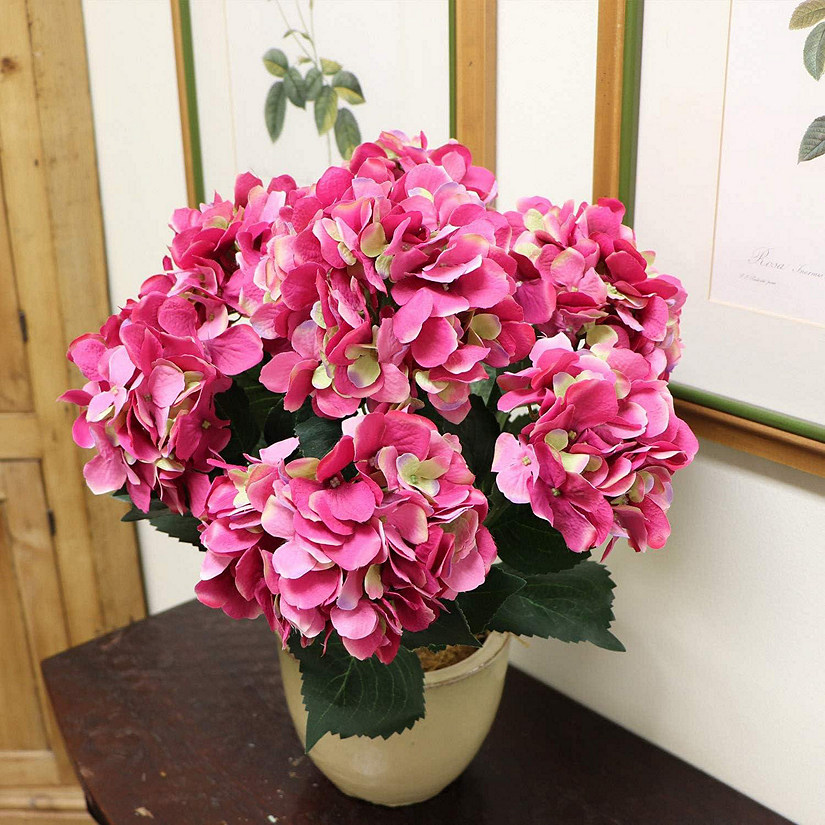 Floral Home Artificial Hydrangeas Bush Fuchsia with 7 Large Gorgeous Bloom Clusters 1pc Image