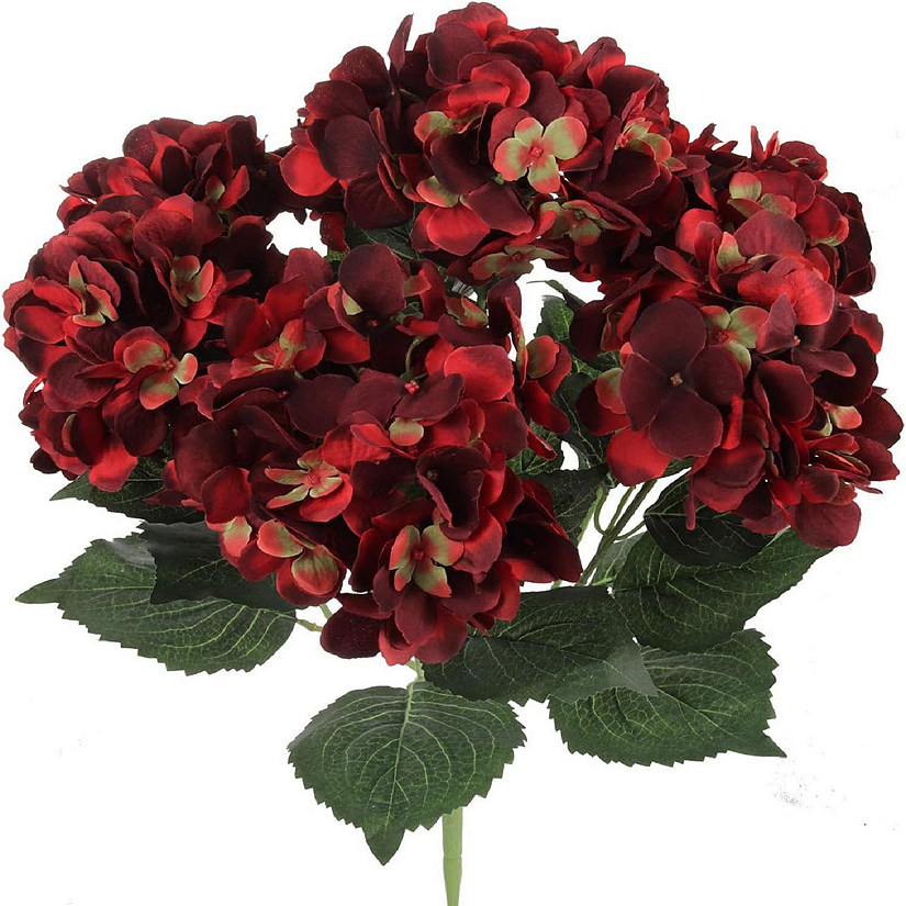 Floral Home Artificial Hydrangeas Bush with 7 Large Gorgeous Bloom Clusters Burgundy 2pcs Image