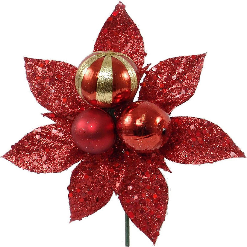 Floral Home Red Glitter Poinsettia Christmas Tree Picks 12pcs Image