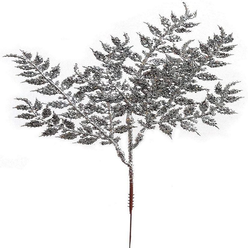 Floral Home Silver 10" Glitter Leaf Spray Christmas Tree Pick 24pcs Image