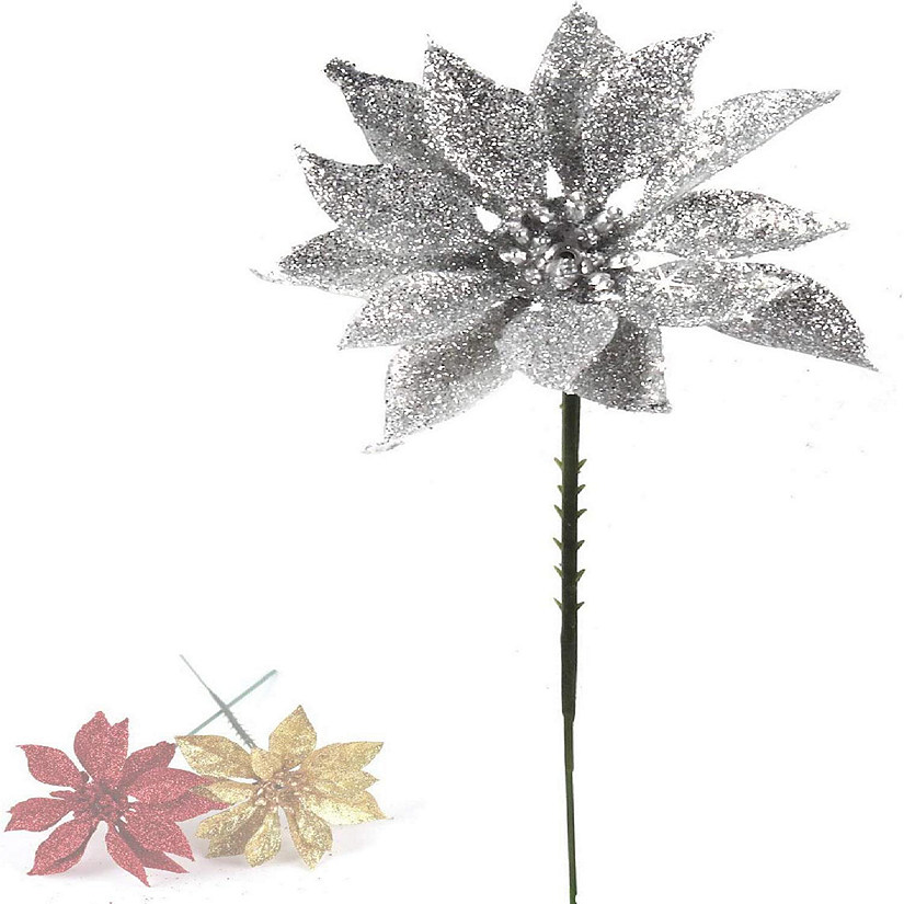 Floral Home Silver 4" Glitter Poinsettia Christmas Tree Picks 24pcs Image