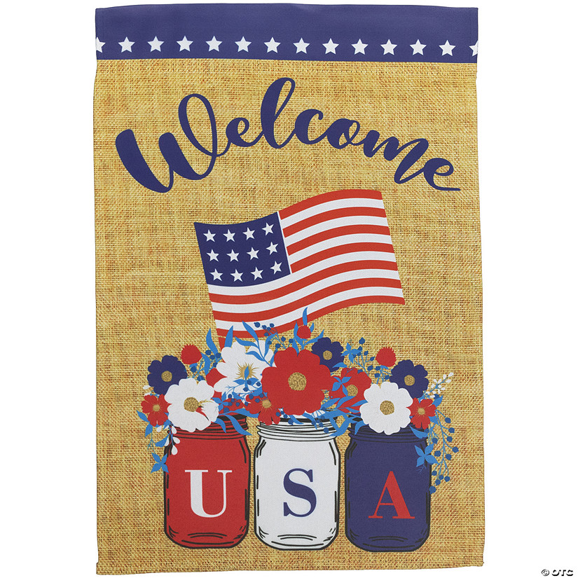 Floral Mason Jars "Welcome" USA Flag Patriotic Outdoor Garden Flag 18" x 12.5" Image