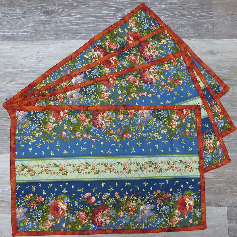 Floral Placemat  Set of 4 Epoque Double Stripe Cotton Fabric Handmade Quilted by Sue. Image