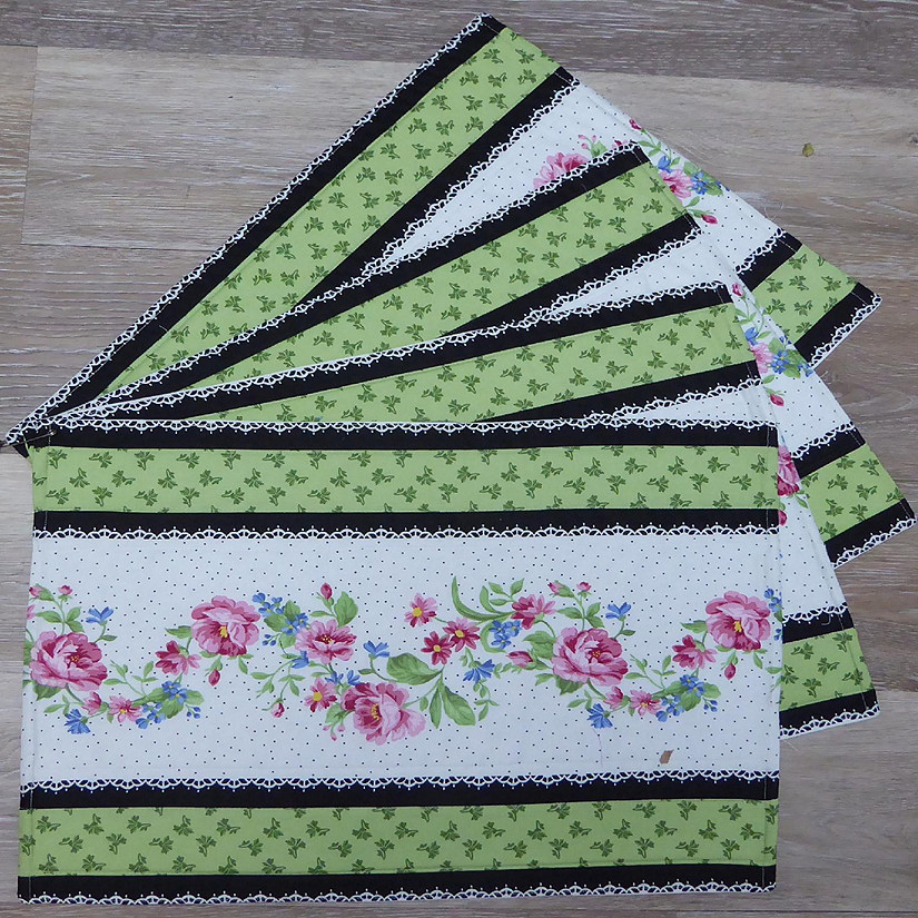 Floral Placemats Set of 4 Pretty Sweet Green Stripe Cotton Handmade Quilted Sue Image