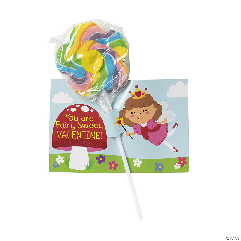 Flower-Shaped Swirl Lollipops Valentine Exchanges with Fairy Garden Card for 24 Image