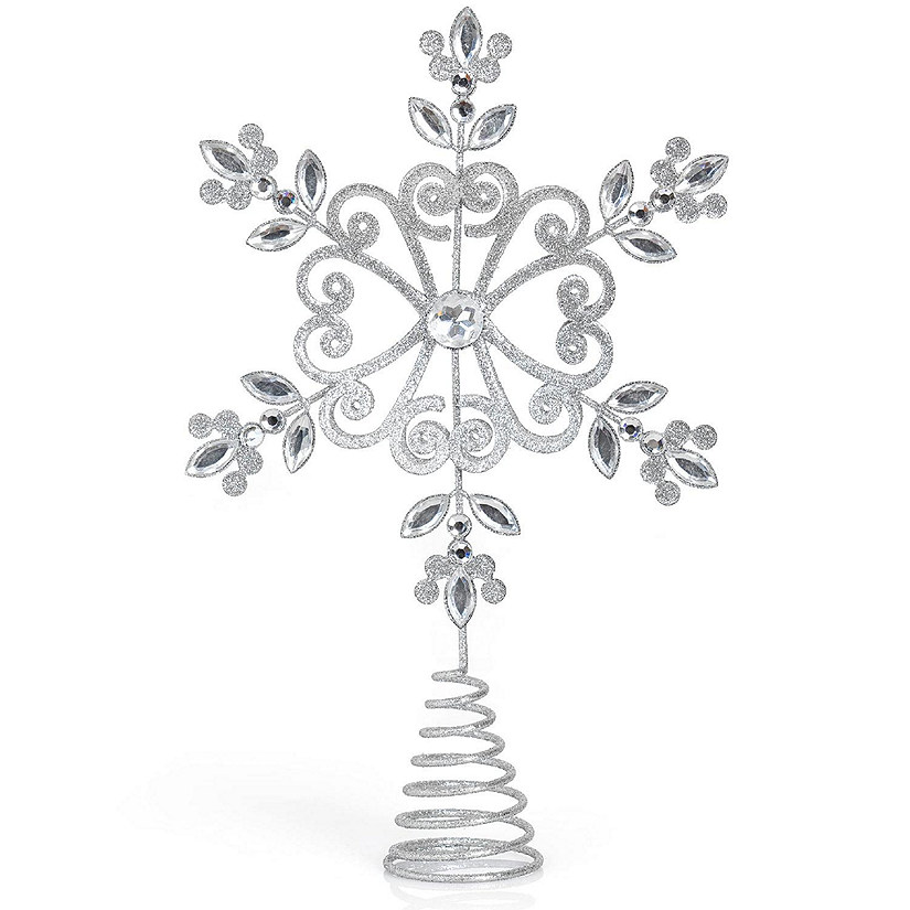 Flower Snowflake Tree Topper - Silver Glitter Intricate Designed Floral Snowflake Shaped Ornament, Sparkling Gem Detailed Christmas Star Tree Topper Image
