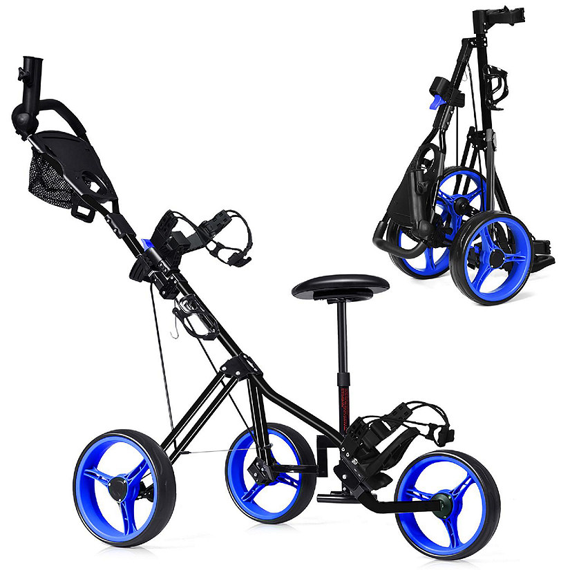 Foldable 3 Wheel Push Pull Golf Club Cart Trolley w/Seat Scoreboard Bag Blue Image