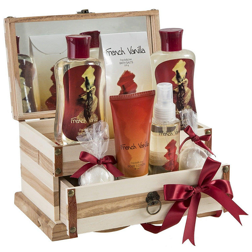 Freida and Joe French Vanilla Fragrance Spa & Skin Care Gift Set in a Wooden Jewelry Box Image