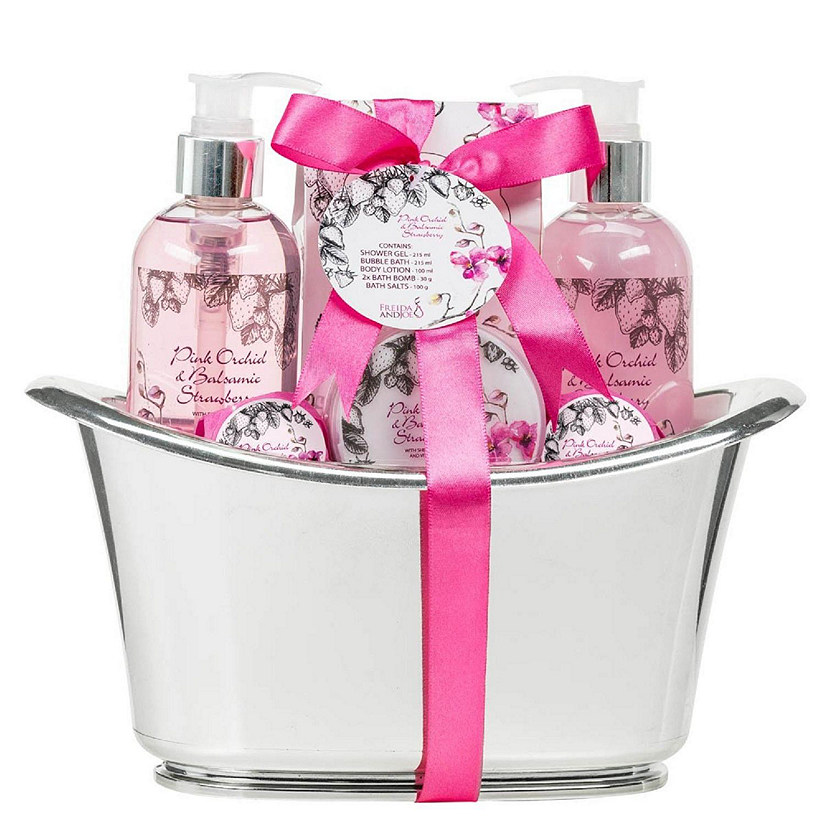 Freida and Joe Pink Orchid & Strawberry Fragrance Bath & Body Spa Gift Set in a Silver Tub Basket Image