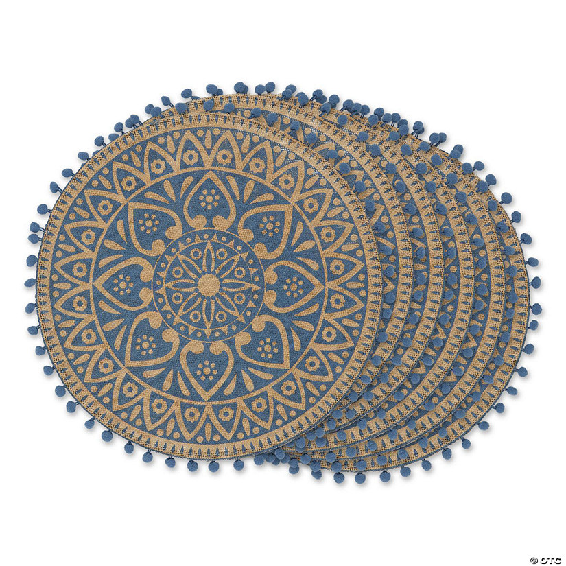 French Blue Block Print On Natural Round Jute Placemat (Set Of 6) Image