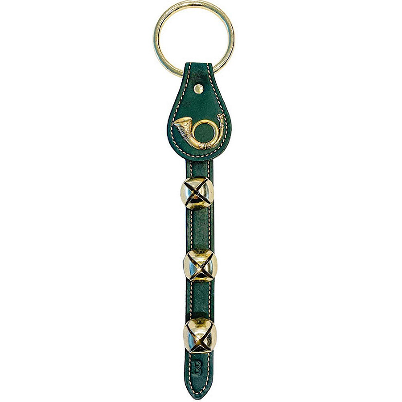 French Horn Charm Green Leather Strap Sleigh Bell Door Hanger Made in USA Image