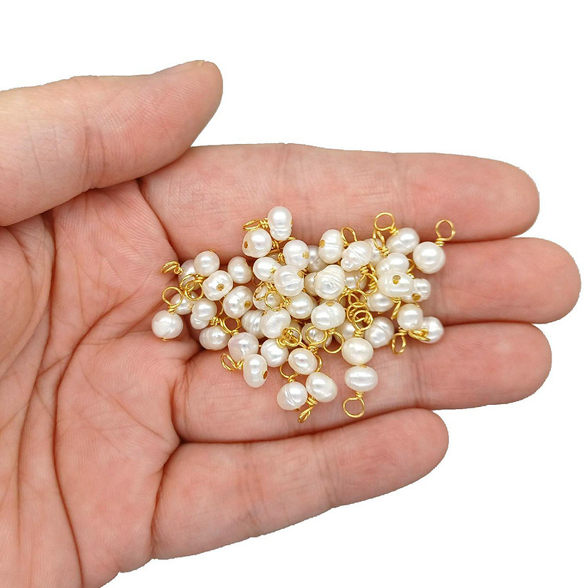 Freshwater Pearl Dangle Charms with Gold-Plated Wire, Tiny Size, 50 pcs Image