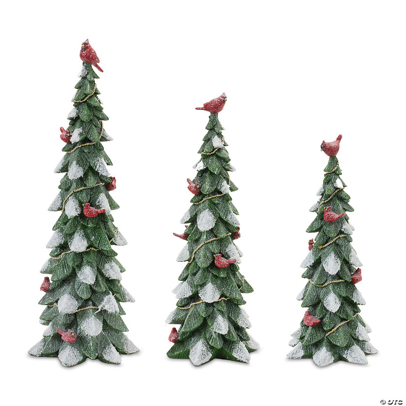 Frosted Cardinal Pine Tree (Set Of 3) 12.75"H, 15.25"H, 18.5"H Resin Image