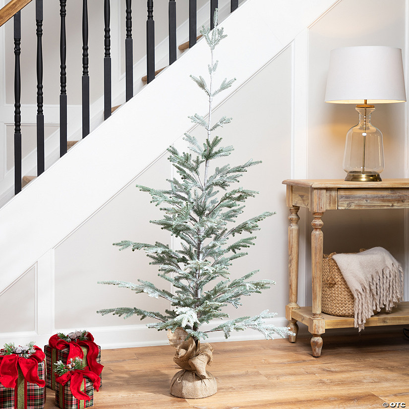 Frosted Slim Pine Artificial Christmas Tree in Burlap Base - 5' - Unlit Image