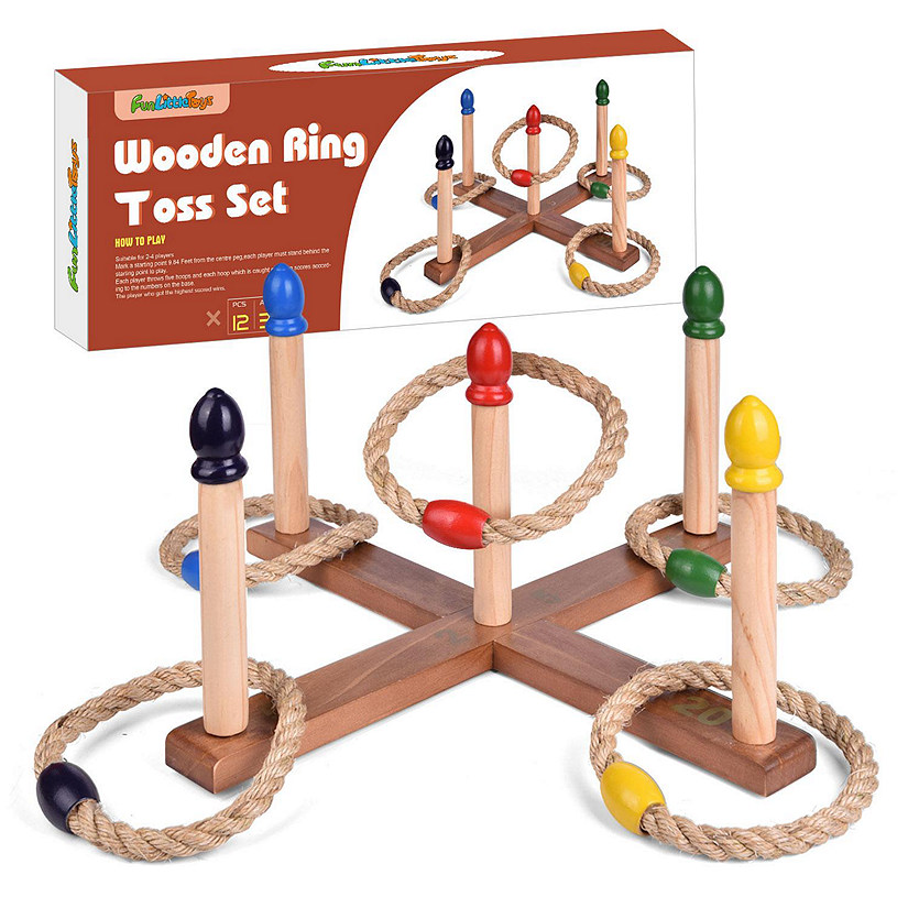 Ring Toss Game - Classic Wooden Set with 4 Plastic Rings