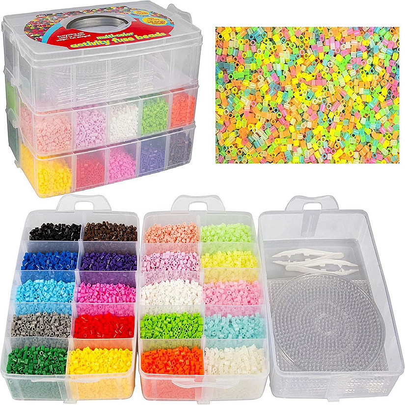 Fuse Beads 20,000 Bulk Creativity Builder Kit- 20 Presorted Muli Colors (5 Glow Dark) w Tweezers, Peg Boards, Melt Ironing Paper, Case - Works with Perler, Pixe Image