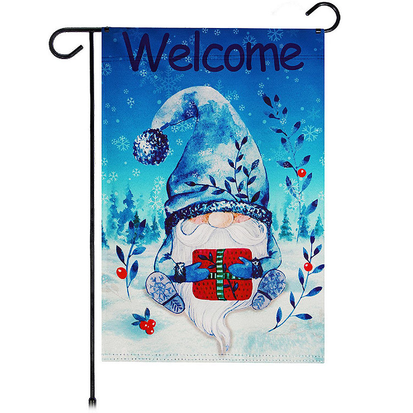 G128 12"x18" Blockout Fabric Welcome Festive Bearded Gnome with Parcel Garden Flag Image