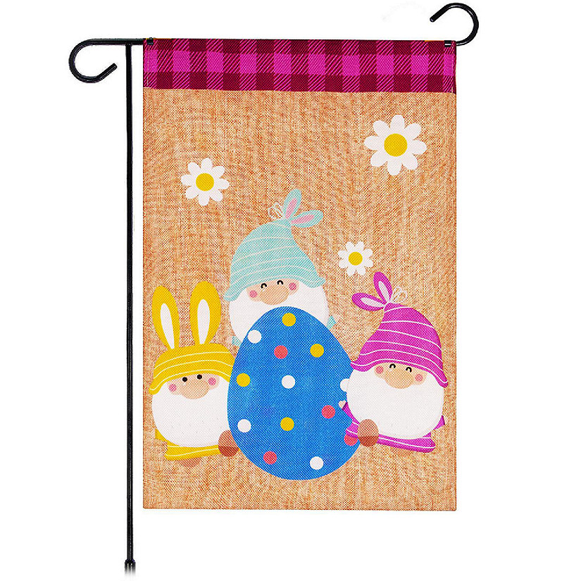 G128 12"x18" Burlap Fabric Three Gnomes Large Easter Egg Garden Flag Image