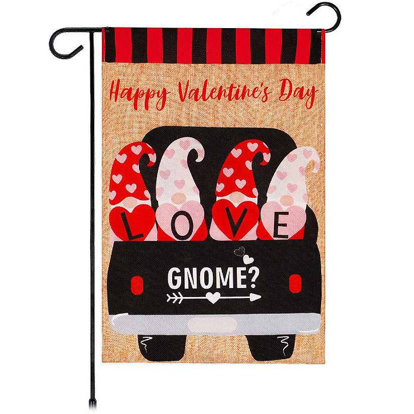 G128 12"x18" Burlap Fabric Valentine's Day Love Four Gnomes in Truck Garden Flag Image