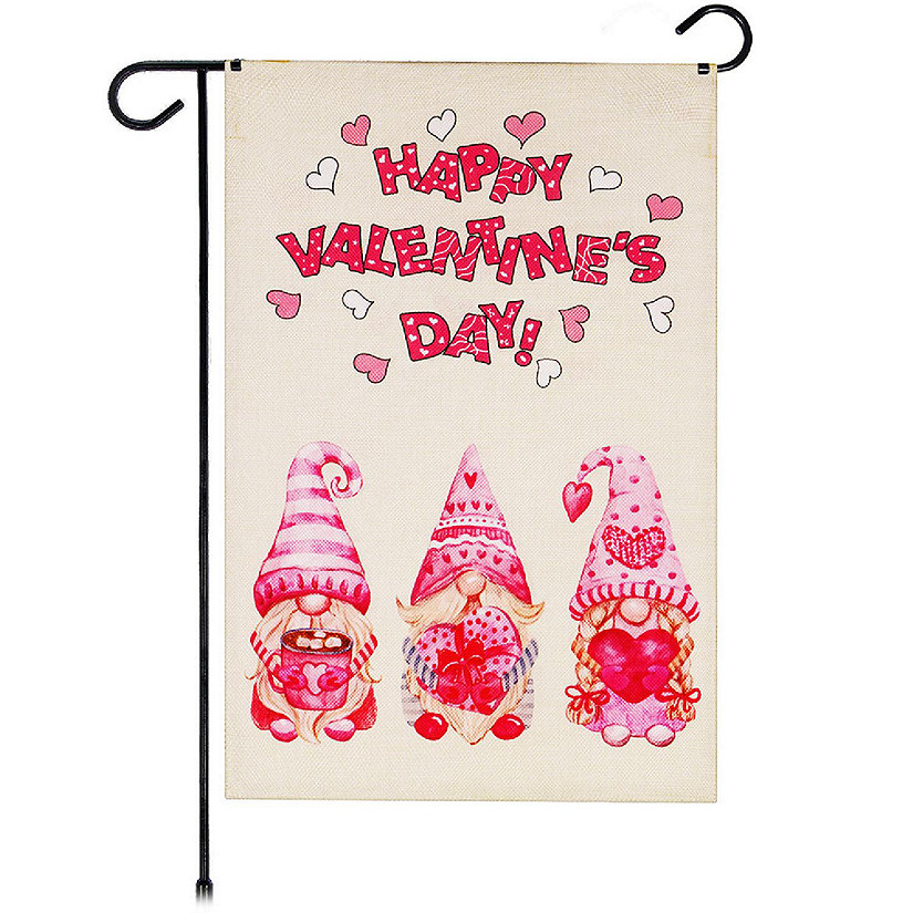 G128 12"x18" Burlap Fabric Valentine's Day Three Pink Hat Gnomes Garden Flag Image