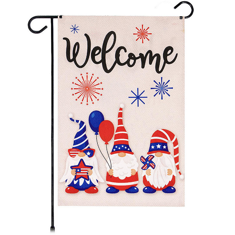 G128 12"x18" Burlap Fabric Welcome Three Gnomes Celebrating 4th of July Garden Flag Image
