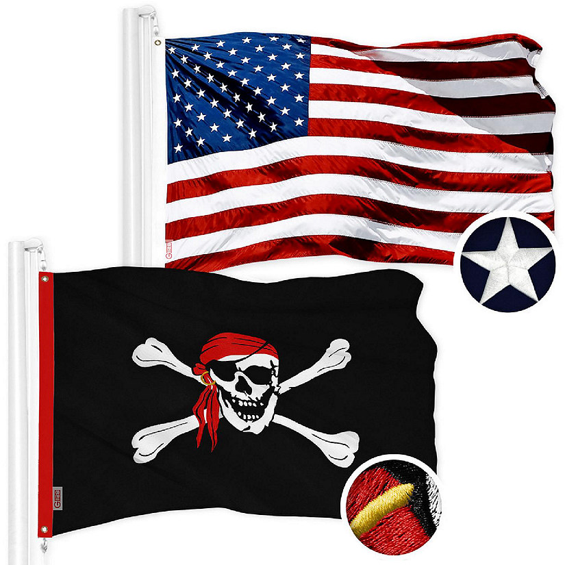 G128 16x24 In Combo USA & Pirate Jolly Roger Head Scarf Embroidered 210D Polyester Flag Image