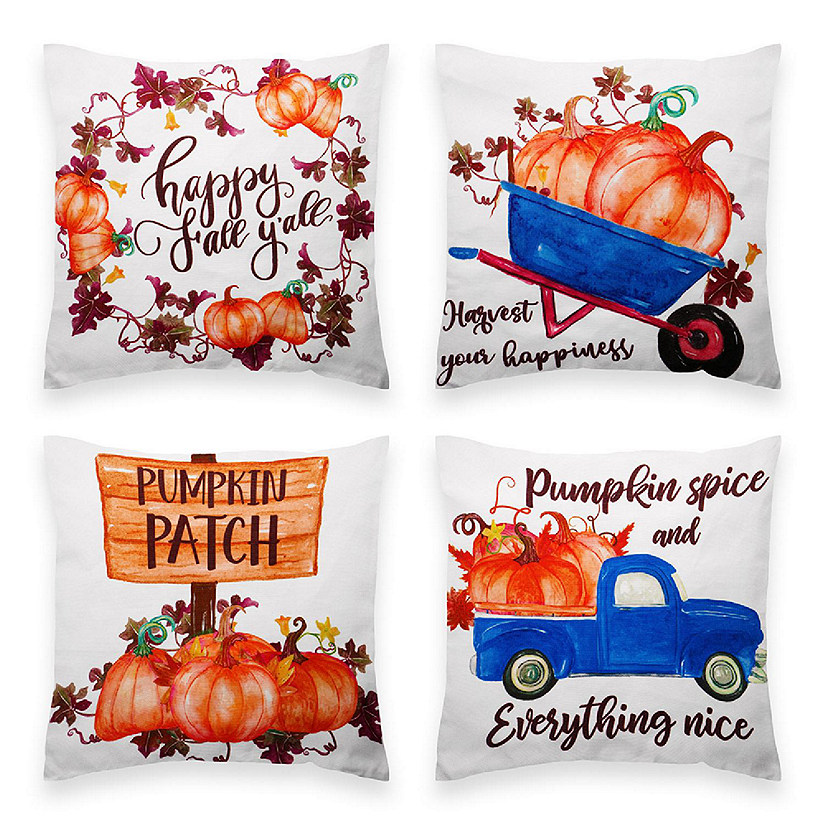 G128 18 x 18 In Fall Pumpkin Wagon Tractor Waterproof Pillow Covers, Set of 4 Image