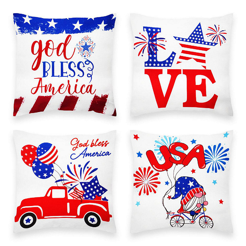 G128 18 x 18 In Patriotic Gnome & Fireworks Waterproof Throw Pillow Covers, Set of 4 Image