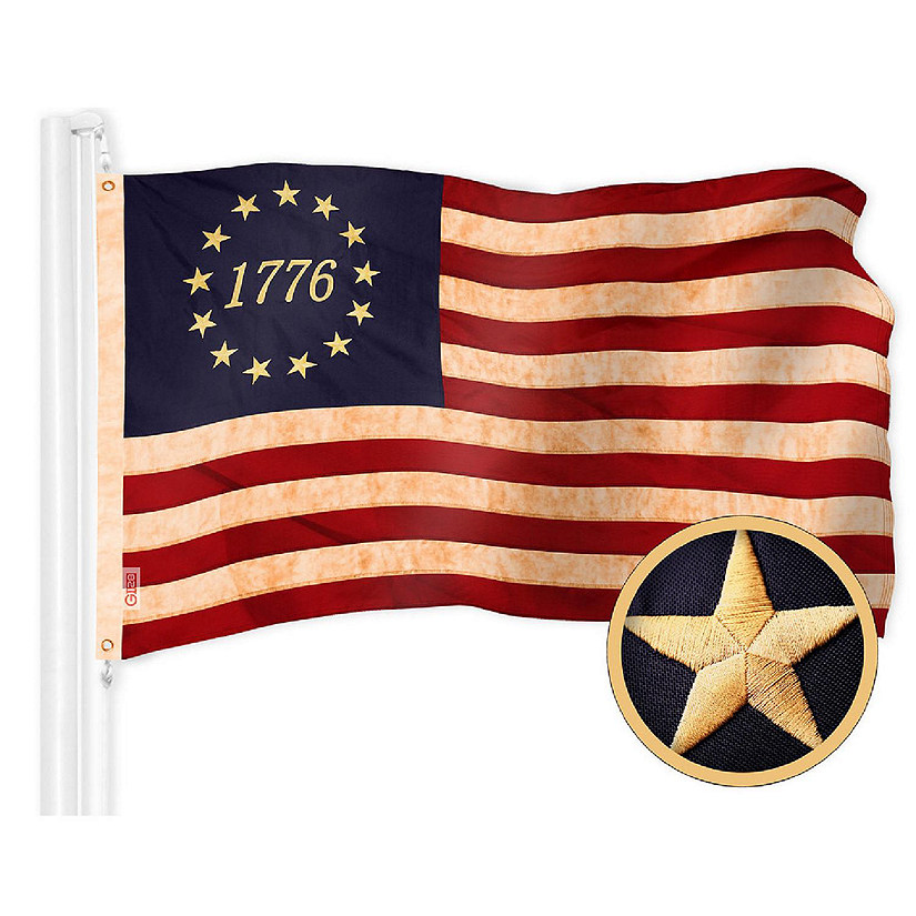 G128 1x1.5ft 1PK Betsy Ross 1776 Circle, Tea-Stained Embroidered 420D Polyester Flag Image