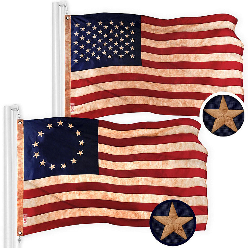 G128 1x1.5ft Combo USA & Betsy Ross Tea-Stained Embroidered 420D Polyester Flag Image