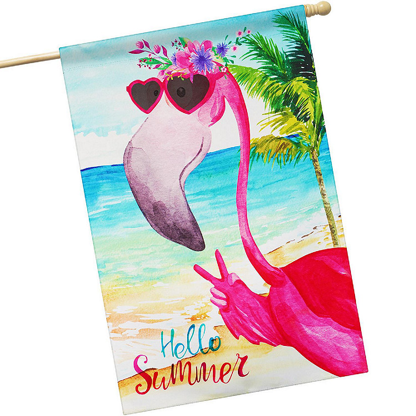 G128 28x40in Hello Summer Peace Sign Flamingo Printed Blockout Polyester Garden Flag Image