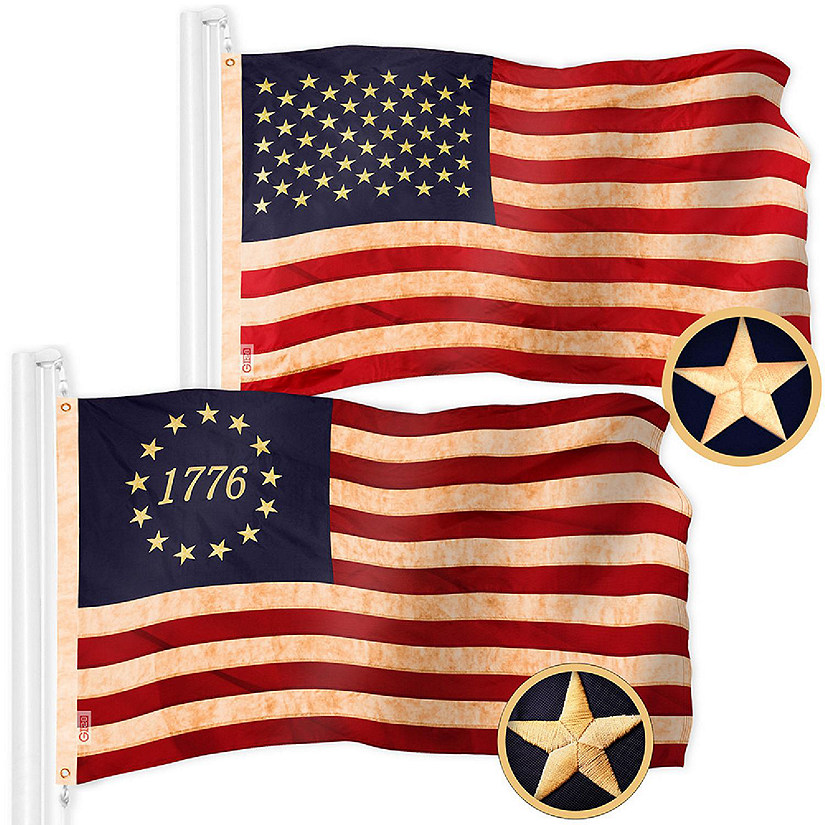G128 2x3ft Combo USA & Betsy Ross 1776 Circle, Tea-Stained Embroidered 420D Polyester Flag Image