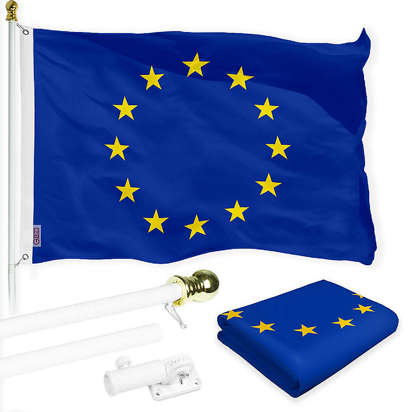 G128 3x5 Ft Printed 150D Polyester European Union EU Flag and White Flagpole Image
