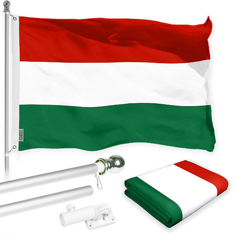 G128 3x5 Ft Printed 150D Polyester Hungary Flag and Silver Flagpole