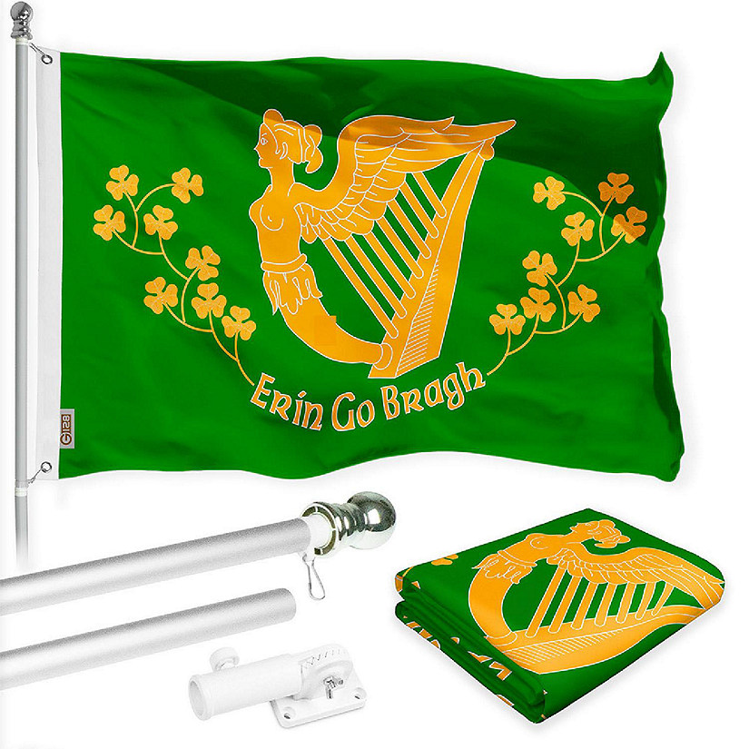 G128 3x5 Ft Printed 150D Polyester Ireland Erin Go Bragh Flag and Silver Flagpole Image