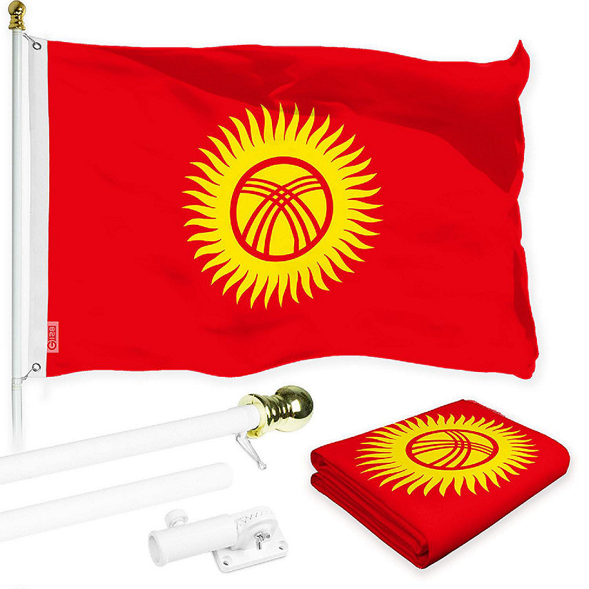 G128 3x5 Ft Printed 150D Polyester Kyrgyzstan Flag and White Flagpole Image
