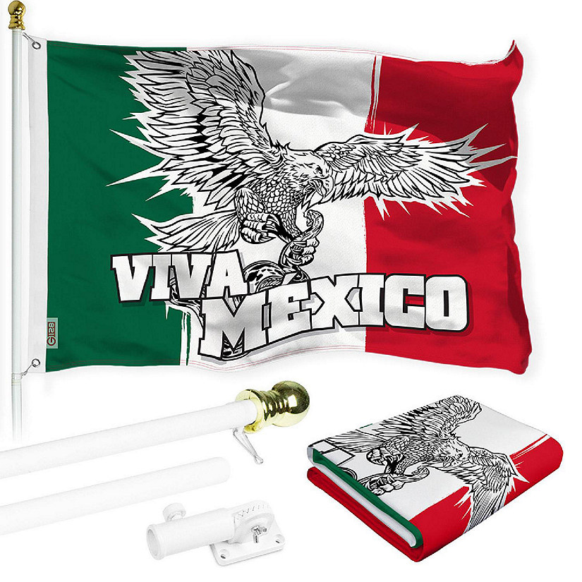 G128 3x5 Ft Printed 150D Polyester Mexico Viva Mexico Flag and White Flagpole Image