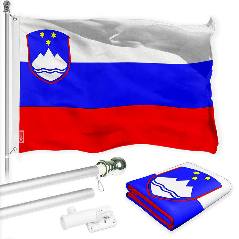 G128 3x5 Ft Printed 150D Polyester Slovenia Flag and Silver Flagpole Image