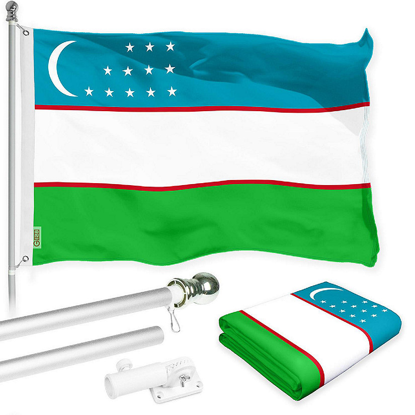 G128 3x5 Ft Printed 150D Polyester Uzbekistan Flag and Silver Flagpole Image