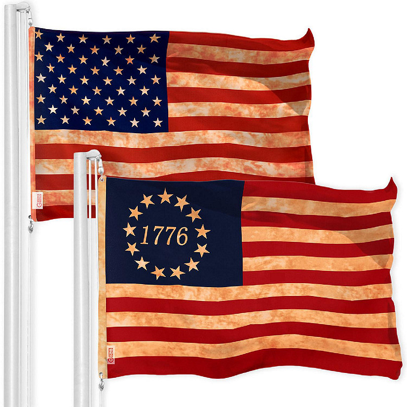 G128 3x5ft Combo USA Tea Stained & Betsy Ross 1776 Tea Stained Printed 300D Polyester Flag Image