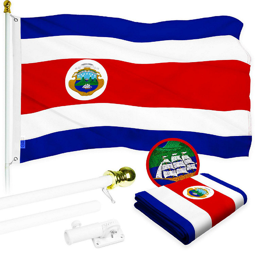 G128 3x5ft Combo White Flagpole Costa Rica Embroidered 300D Polyester Brass Grommets Flag Image