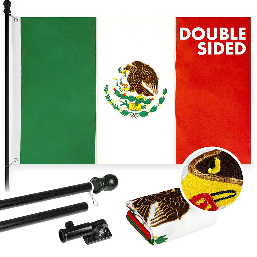 G128  5 Feet Tangle Free Spinning Flagpole Black Mexico Flag Double Sided Brass Grommets Embroidered 2x3 ft Flag Included Aluminum Flag Pole Image
