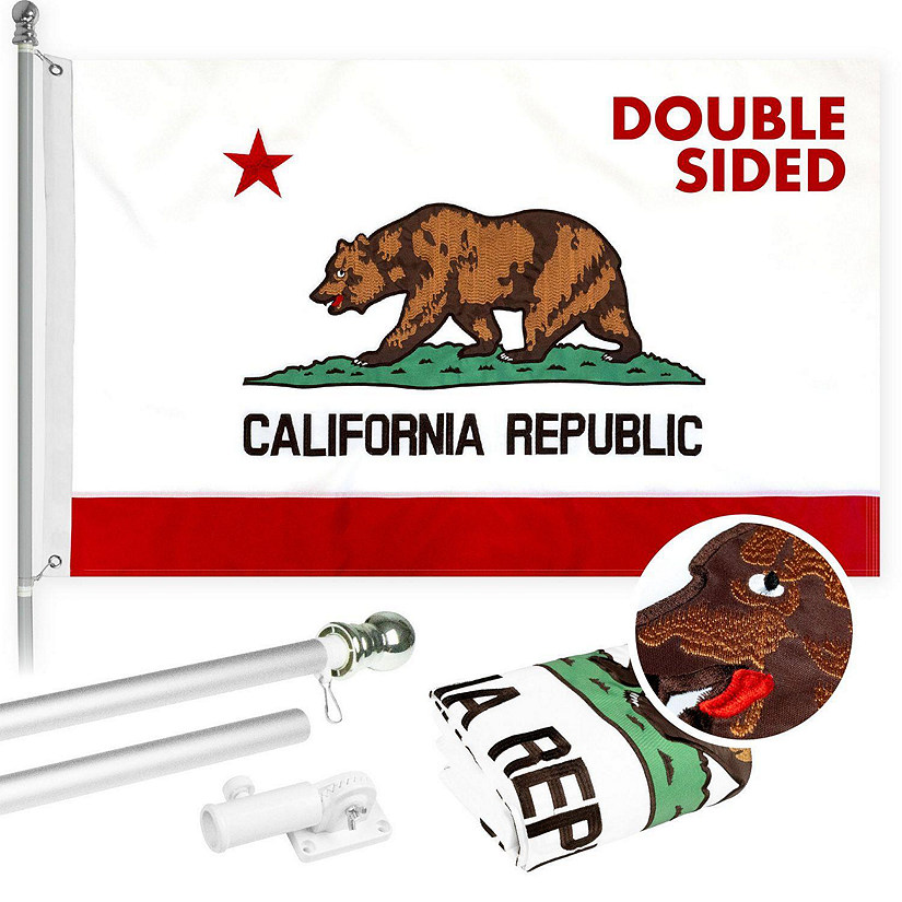 G128  5 Feet Tangle Free Spinning Flagpole Silver California Flag Double Sided Brass Grommets Embroidered 2x3 ft Flag Included Aluminum Flag Pole Image