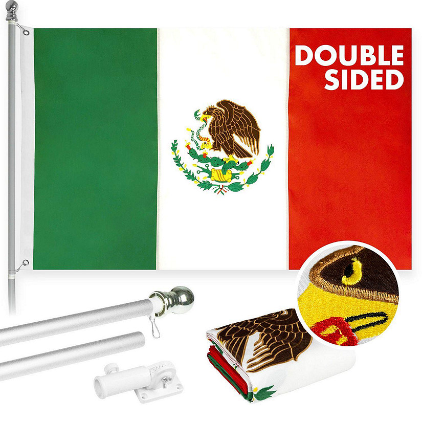 G128  5 Feet Tangle Free Spinning Flagpole Silver Mexico Flag Double Sided Brass Grommets Embroidered 2x3 ft Flag Included Aluminum Flag Pole Image